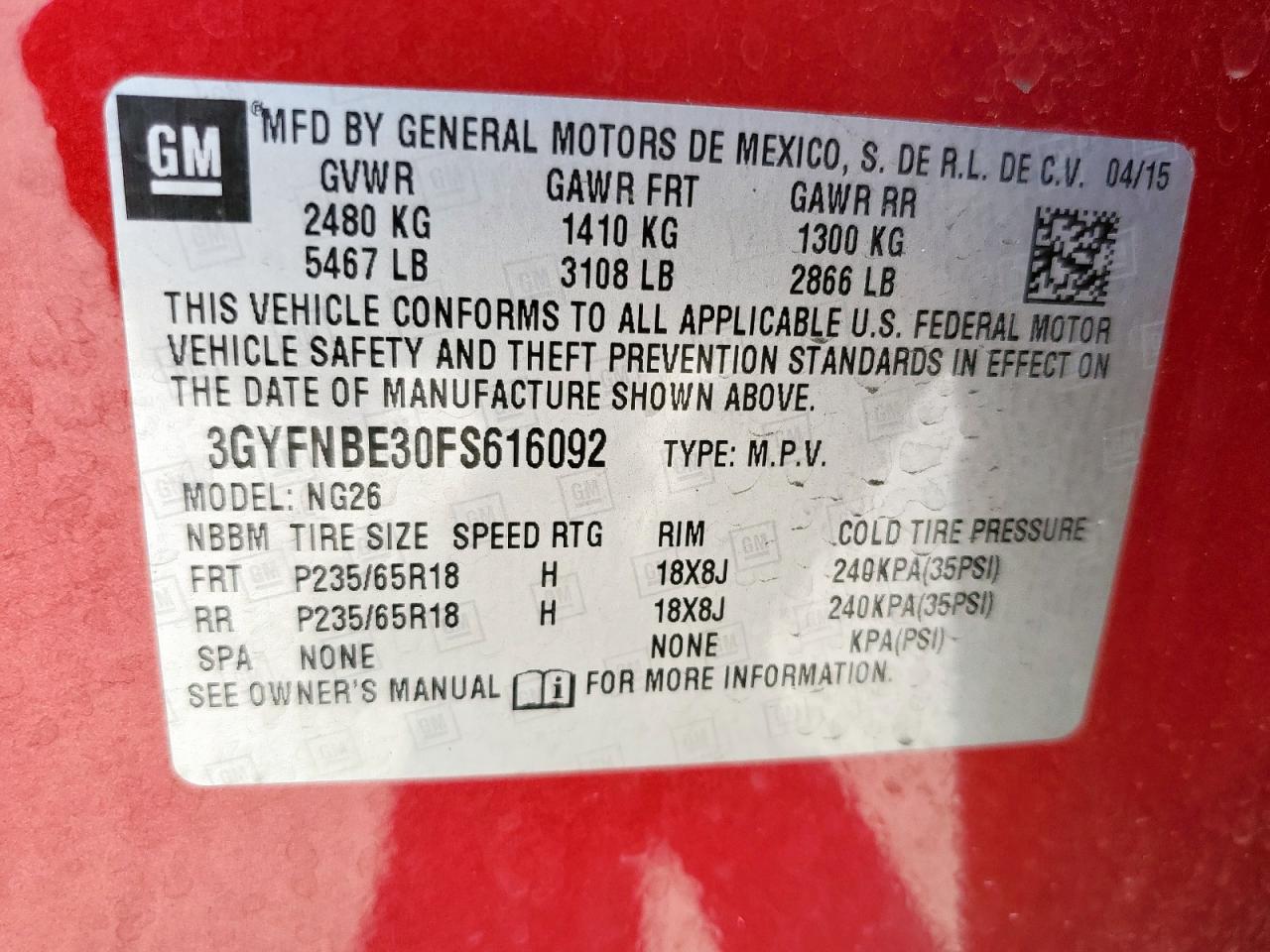 2015 Cadillac Srx Luxury Collection VIN: 3GYFNBE30FS616092 Lot: 85358255