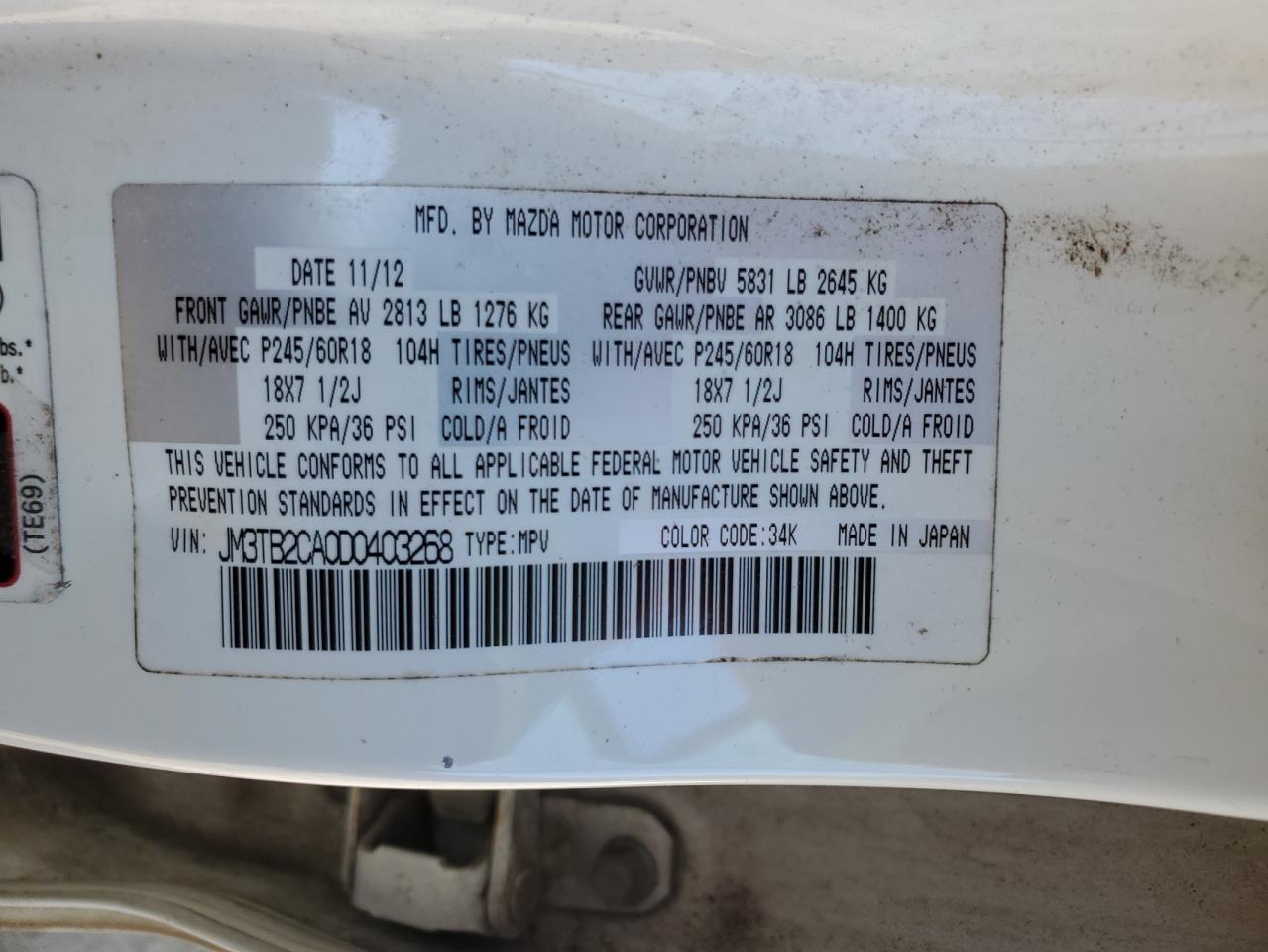 2013 Mazda Cx-9 Touring VIN: JM3TB2CA0D0403268 Lot: 86291095