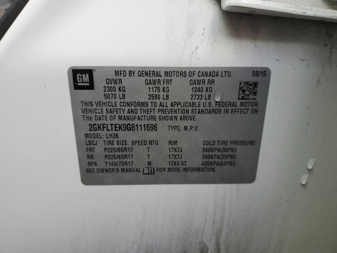 2016 GMC Terrain Sle VIN: 2GKFLTEK9G6111696 Lot: 89579285