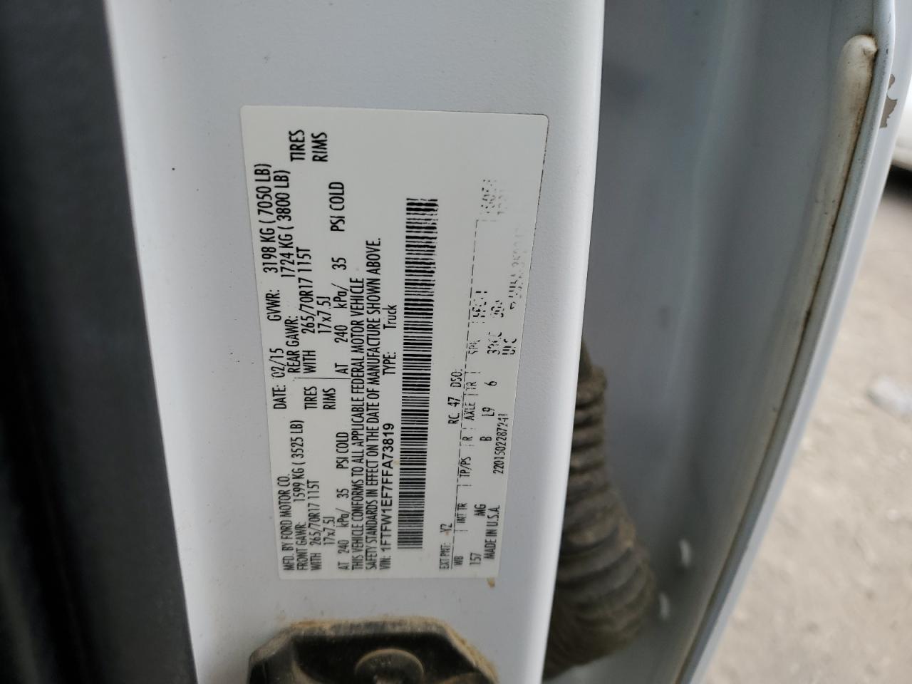 2015 Ford F150 Supercrew VIN: 1FTFW1EF7FFA73819 Lot: 90344425