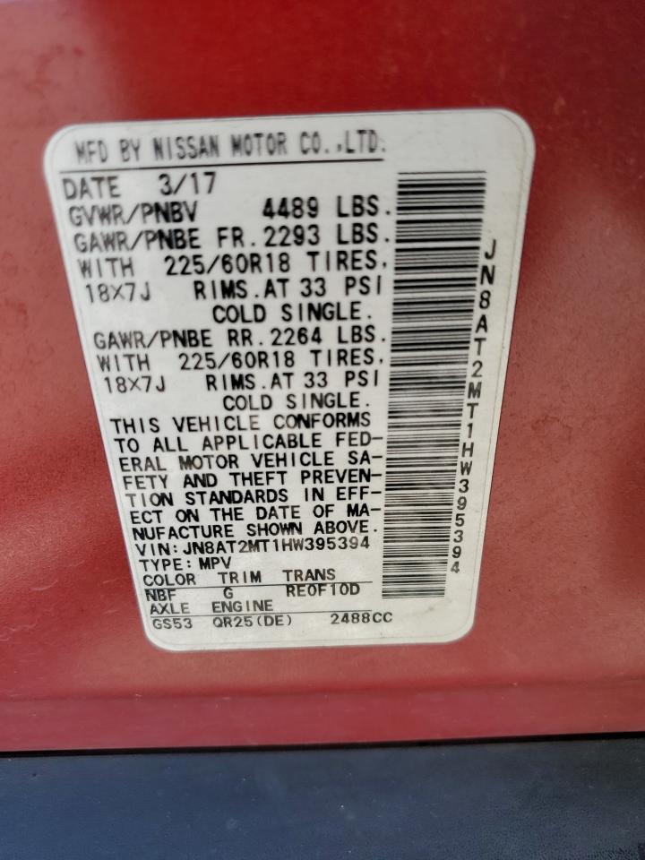 2017 Nissan Rogue S VIN: JN8AT2MT1HW395394 Lot: 86039975