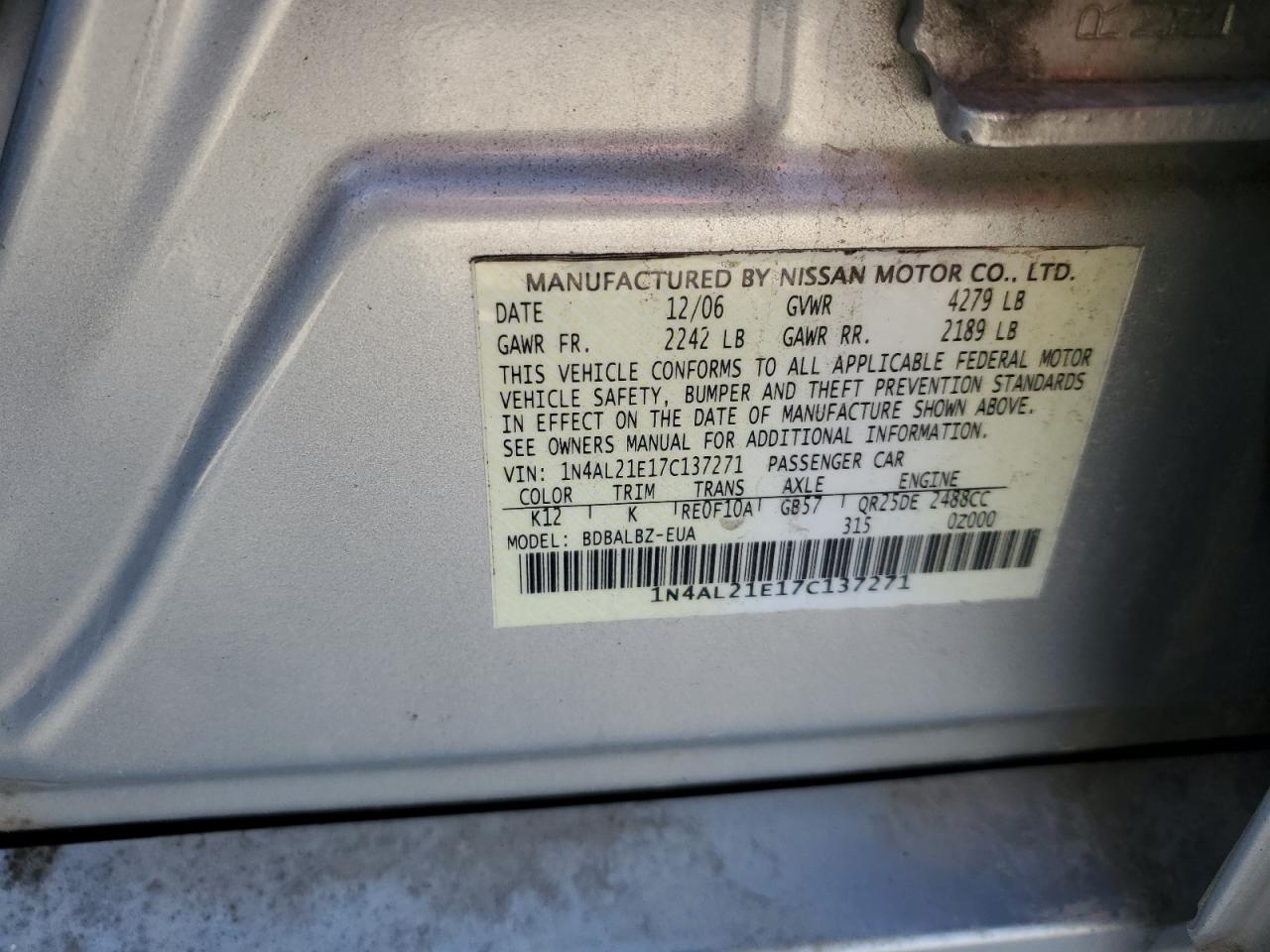 2007 Nissan Altima 2.5 VIN: 1N4AL21E17C137271 Lot: 85150585