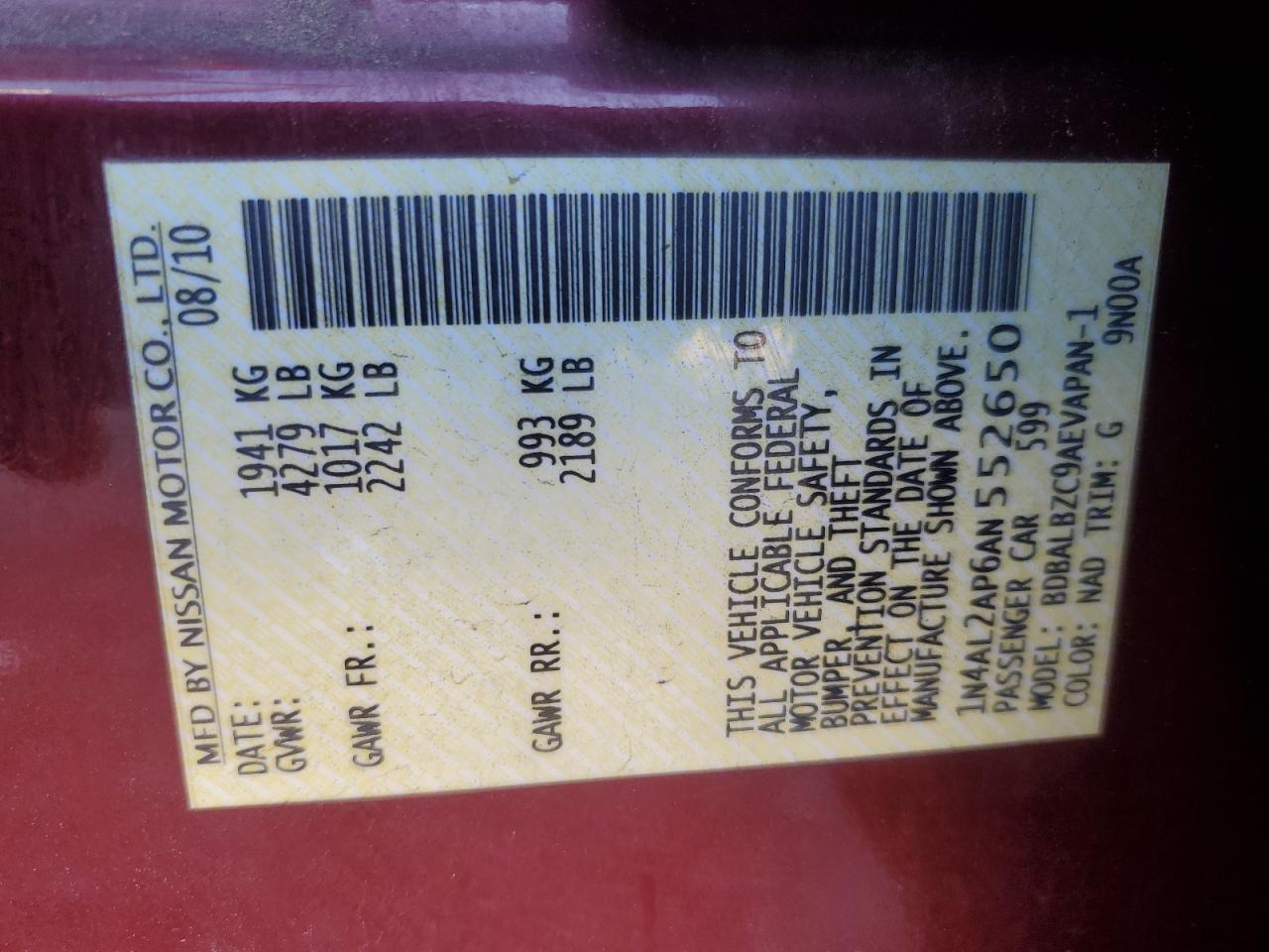 2010 Nissan Altima Base VIN: 1N4AL2AP6AN552650 Lot: 85153075