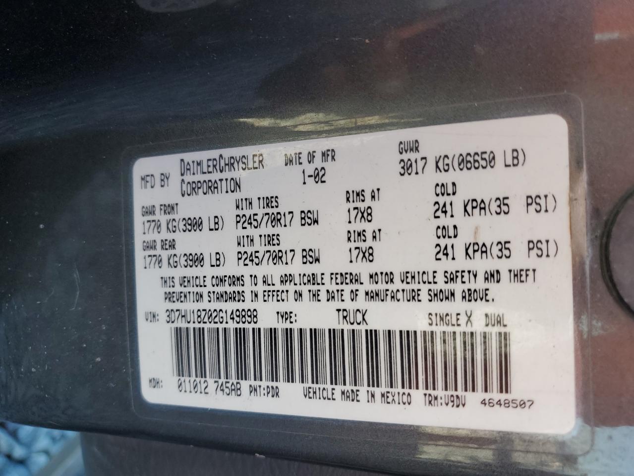2002 Dodge Ram 1500 VIN: 3D7HU18Z02G149898 Lot: 86179995
