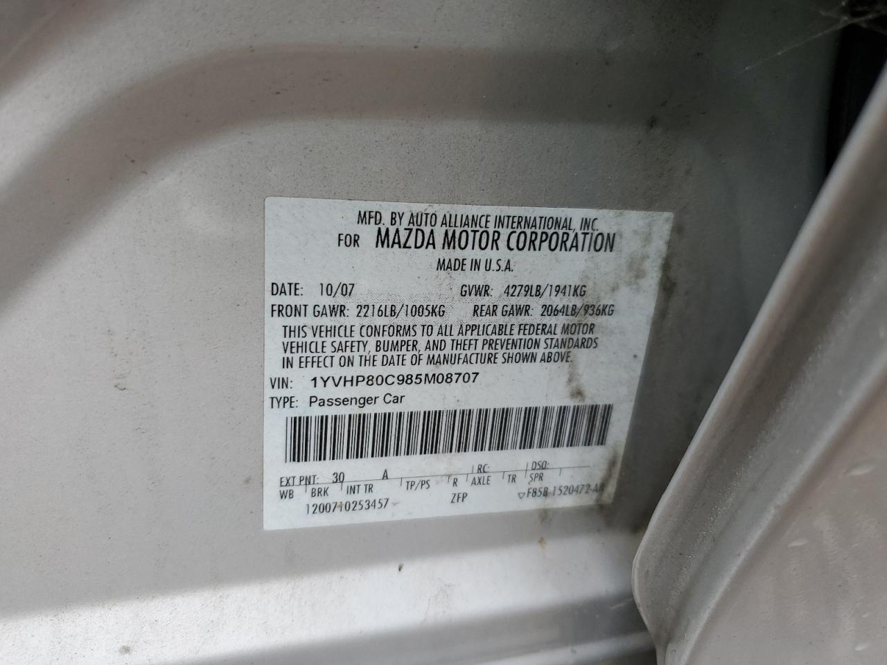 2008 Mazda 6 I VIN: 1YVHP80C985M08707 Lot: 85076605
