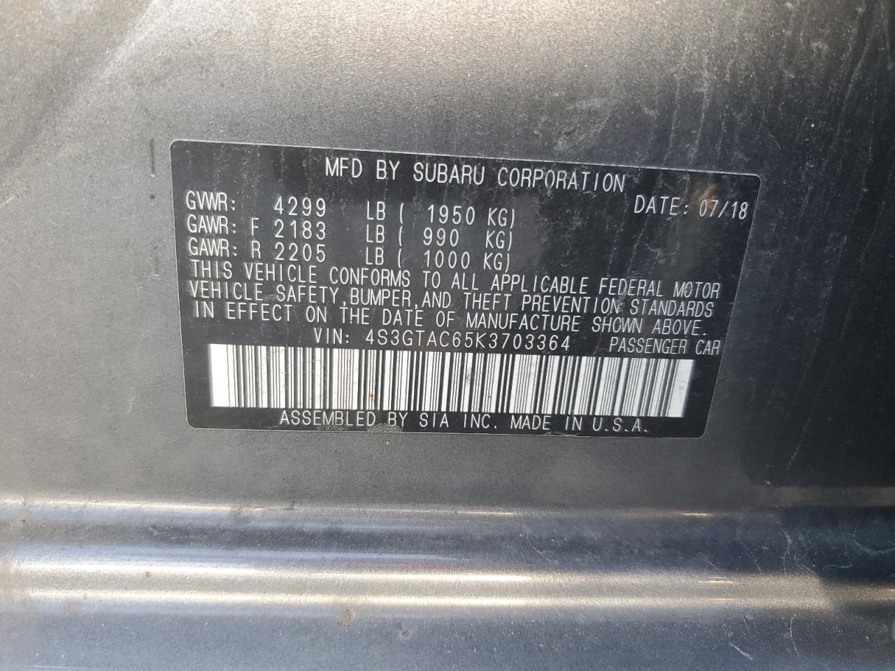 2019 Subaru Impreza Premium VIN: 4S3GTAC65K3703364 Lot: 85153815