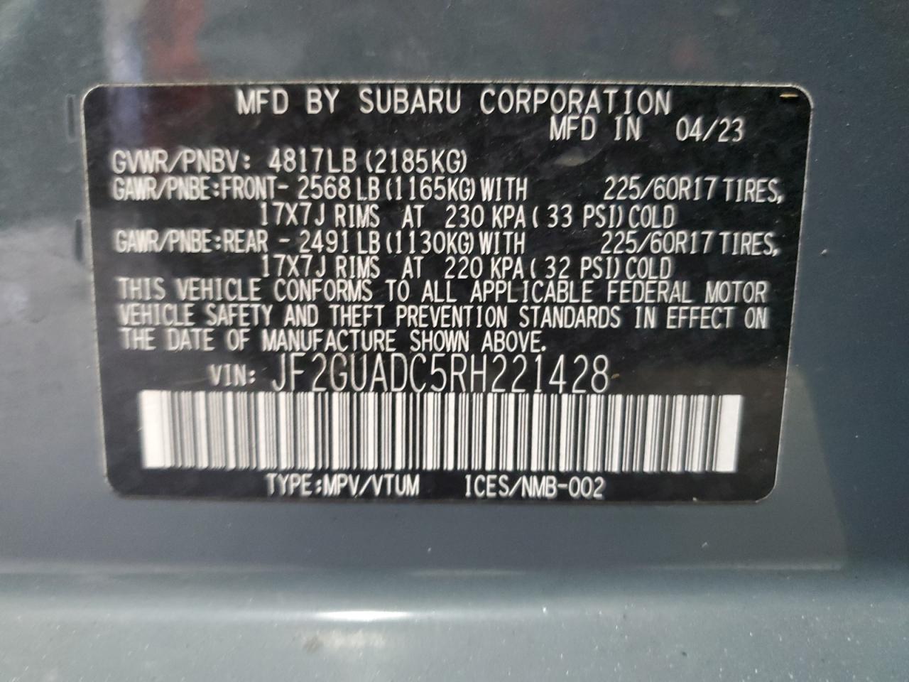 2024 Subaru Crosstrek Premium VIN: JF2GUADC5RH221428 Lot: 82365475