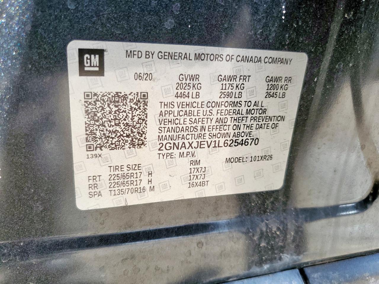 2020 Chevrolet Equinox Lt VIN: 2GNAXJEV1L6254670 Lot: 82226125