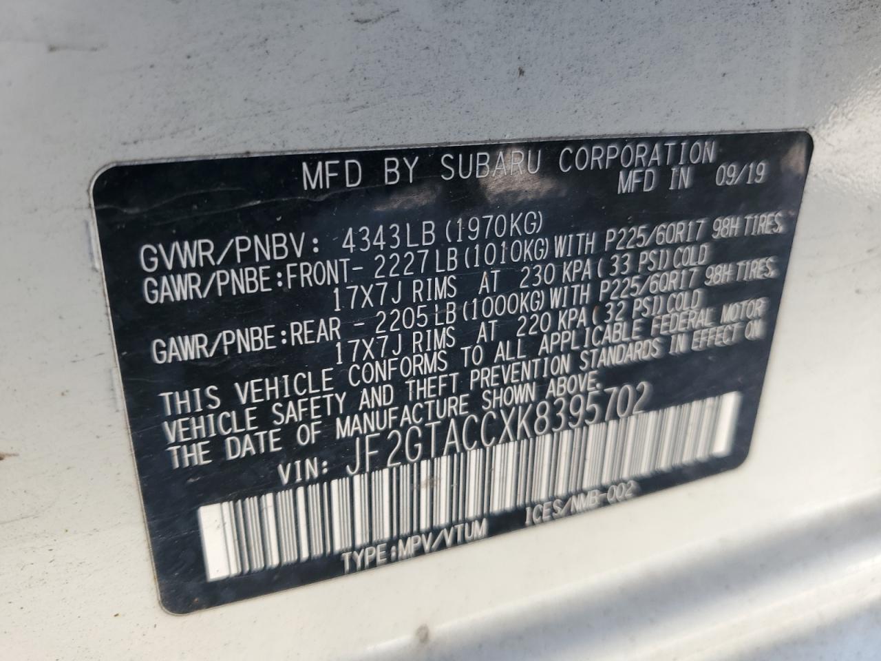 2019 Subaru Crosstrek Premium VIN: JF2GTACCXK8395702 Lot: 89618265