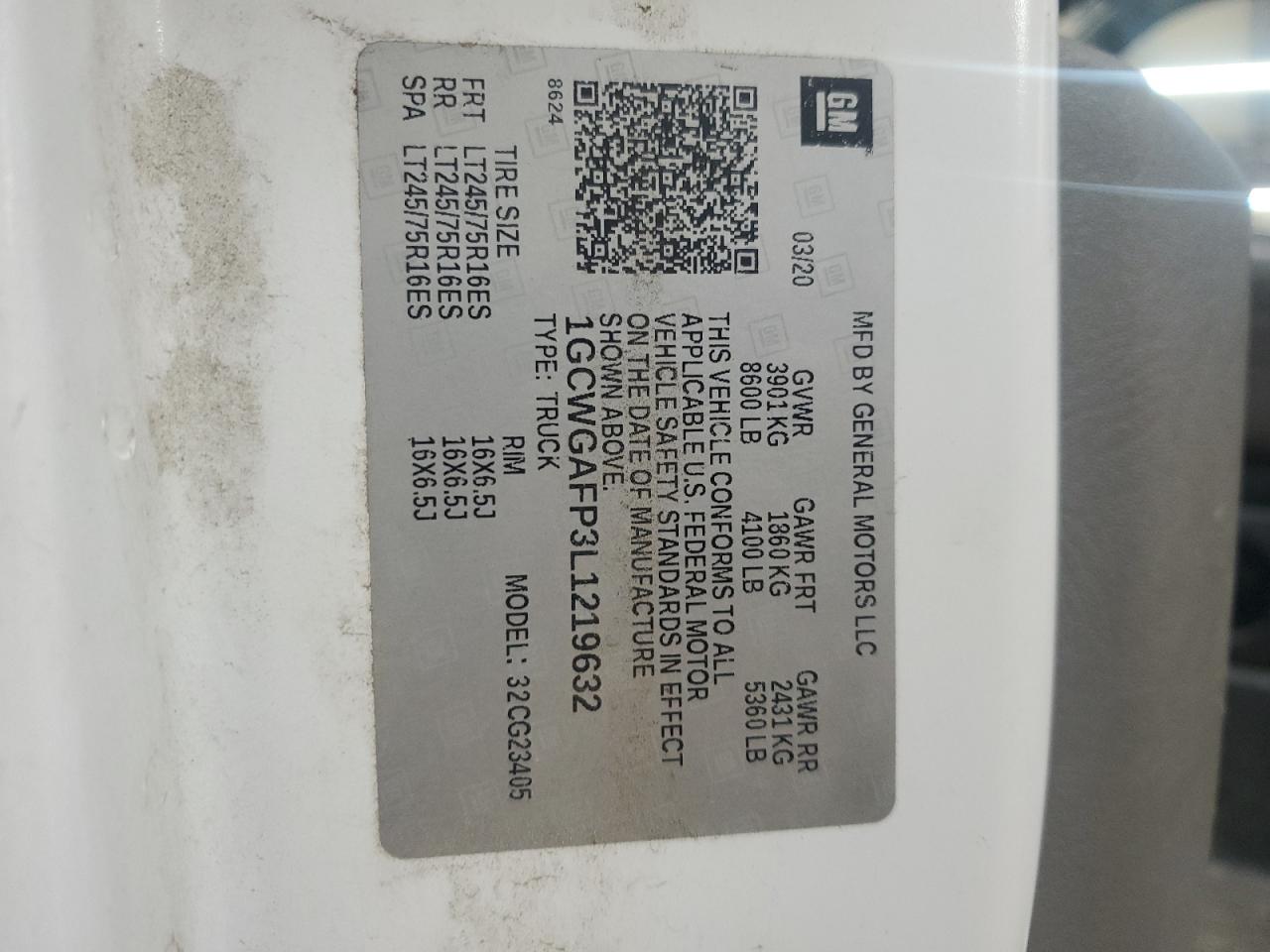 2020 Chevrolet Express Utility / Service Van VIN: 1GCWGAFP3L1219632 Lot: 86305395