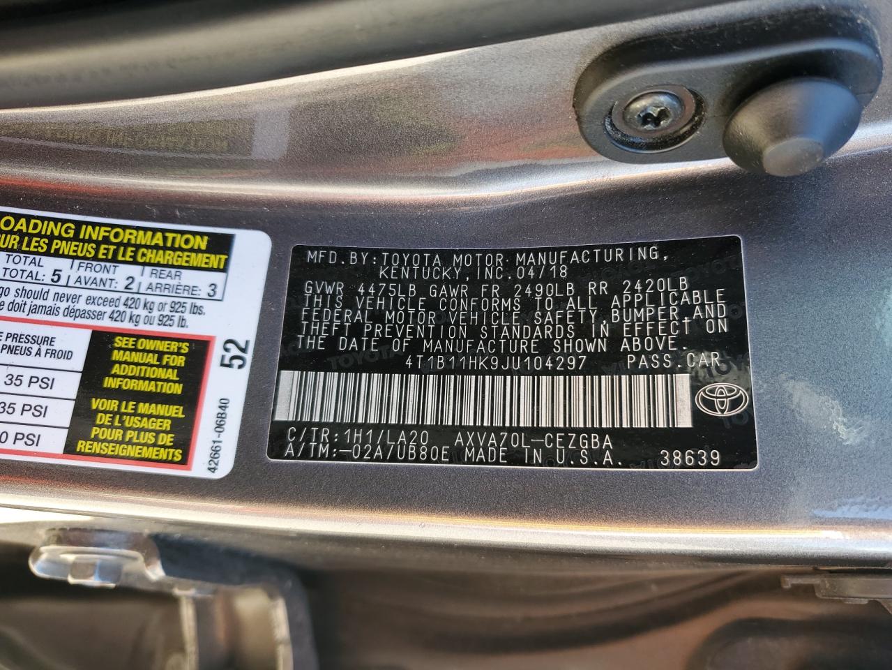 2018 Toyota Camry L VIN: 4T1B11HK9JU104297 Lot: 82004745