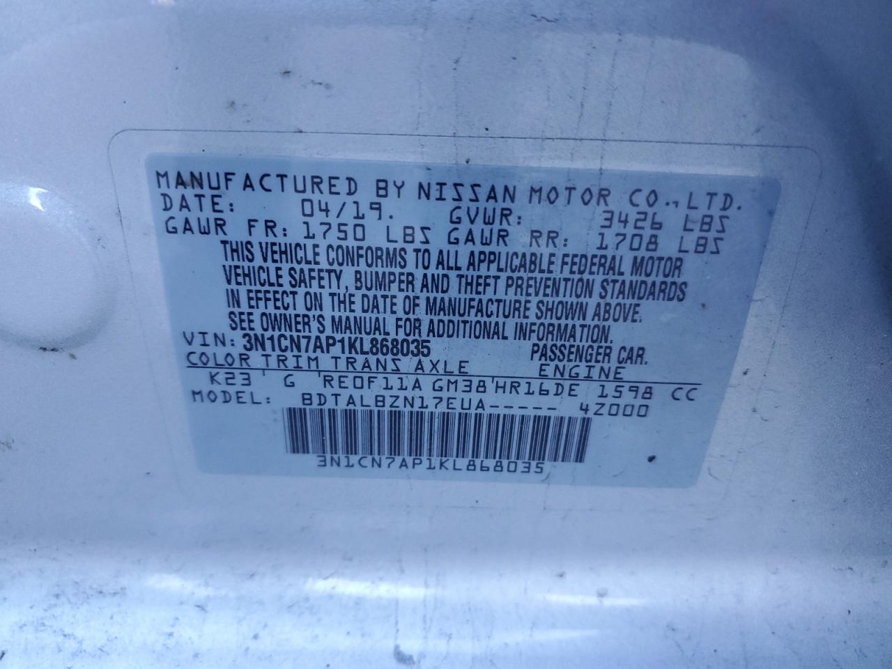 2019 Nissan Versa S VIN: 3N1CN7AP1KL868035 Lot: 81859695