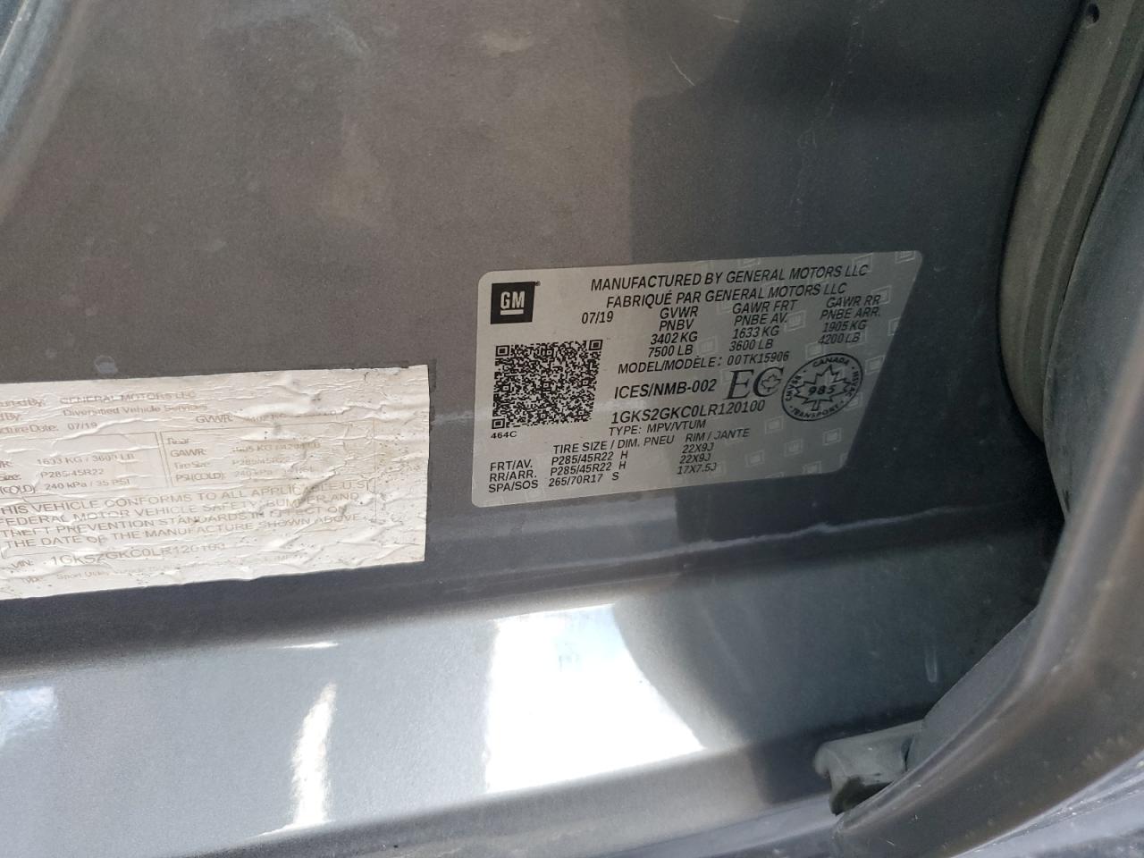 2020 GMC Yukon Xl K1500 Slt VIN: 1GKS2GKC0LR120100 Lot: 82309865