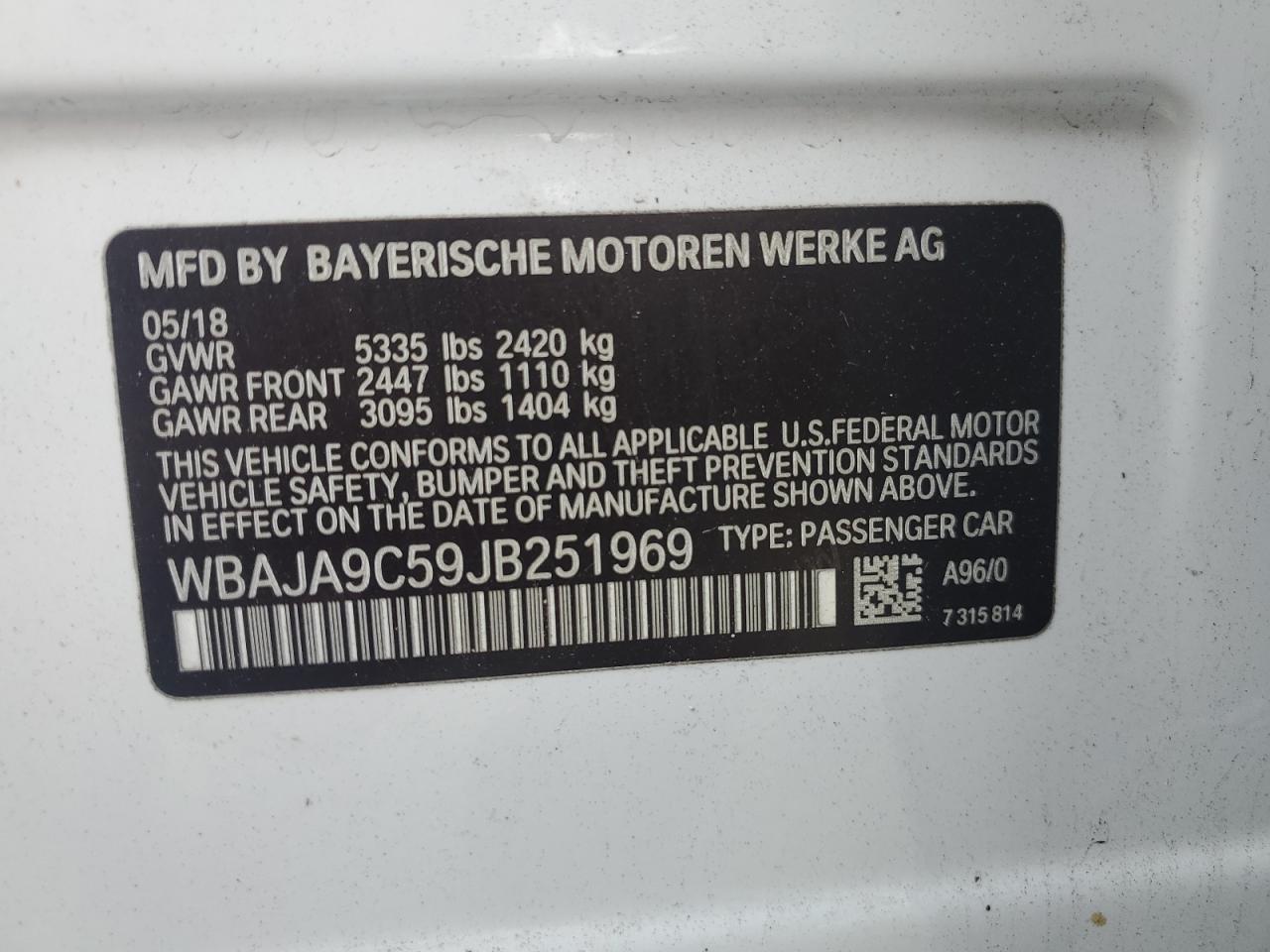 2018 BMW 530E VIN: WBAJA9C59JB251969 Lot: 85267975