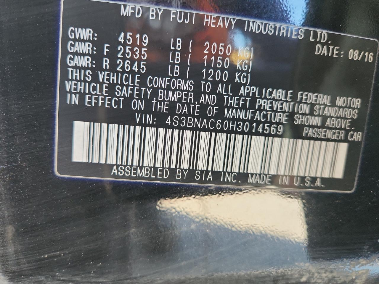 2017 Subaru Legacy 2.5I Premium VIN: 4S3BNAC60H3014569 Lot: 86819355