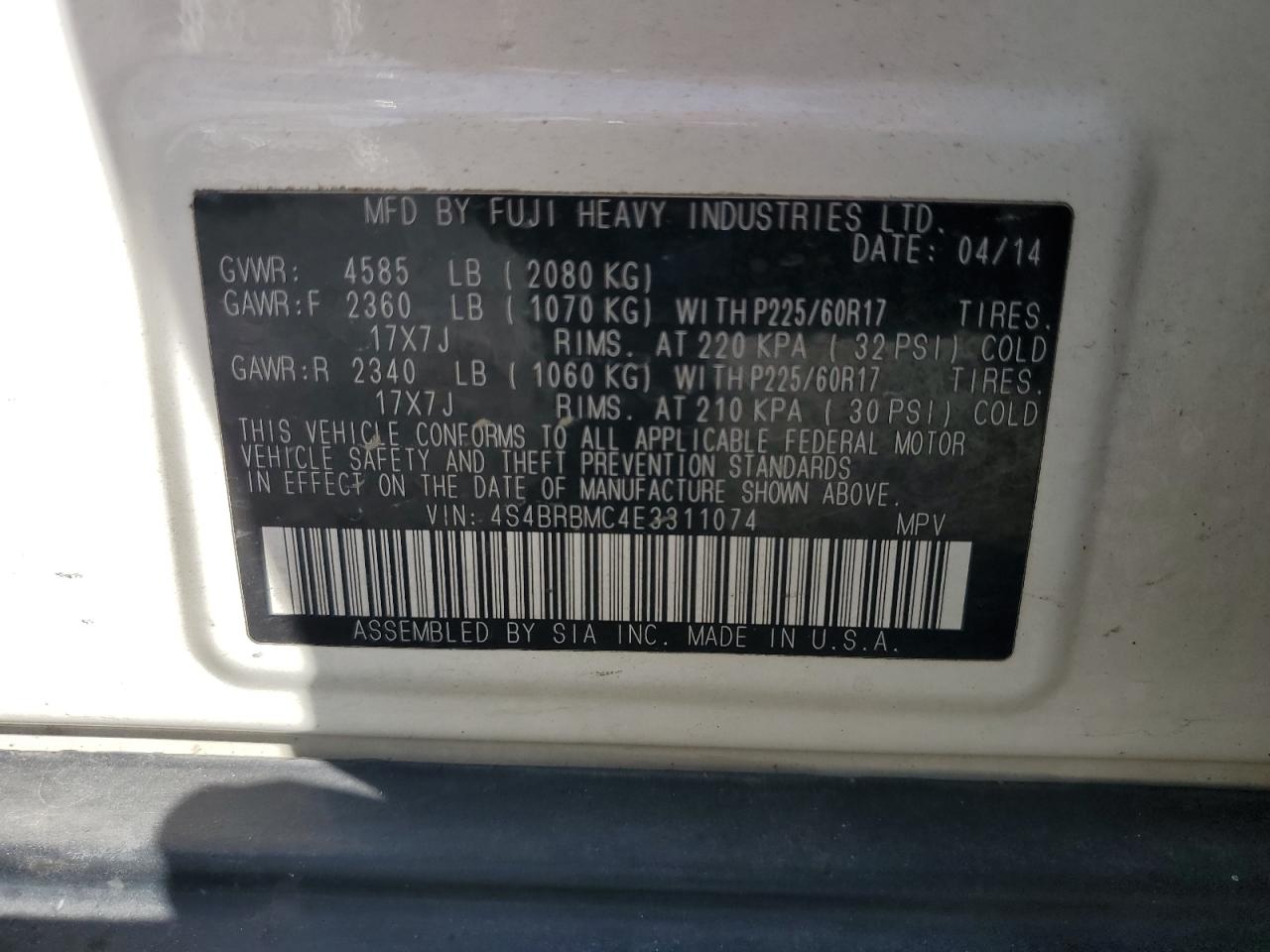 2014 Subaru Outback 2.5I Limited VIN: 4S4BRBMC4E3311074 Lot: 90081935