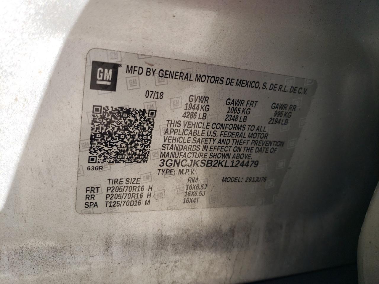 2019 Chevrolet Trax Ls VIN: 3GNCJKSB2KL124479 Lot: 89870245