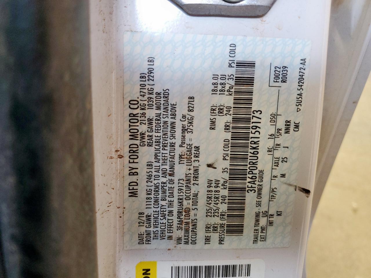 2019 Ford Fusion Titanium VIN: 3FA6P0RU6KR159173 Lot: 82252125