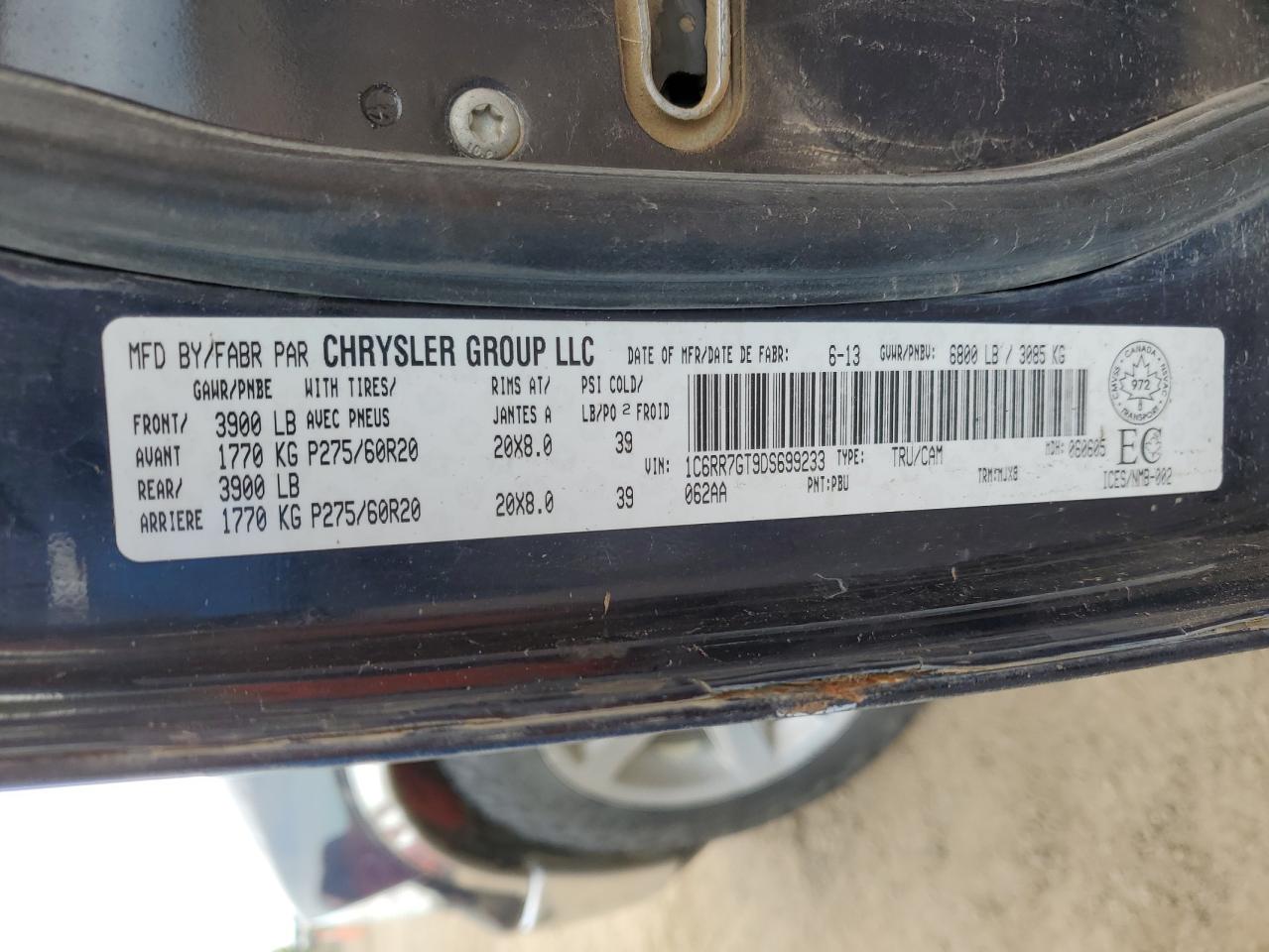 2013 Ram 1500 Slt VIN: 1C6RR7GT9DS699233 Lot: 84424185