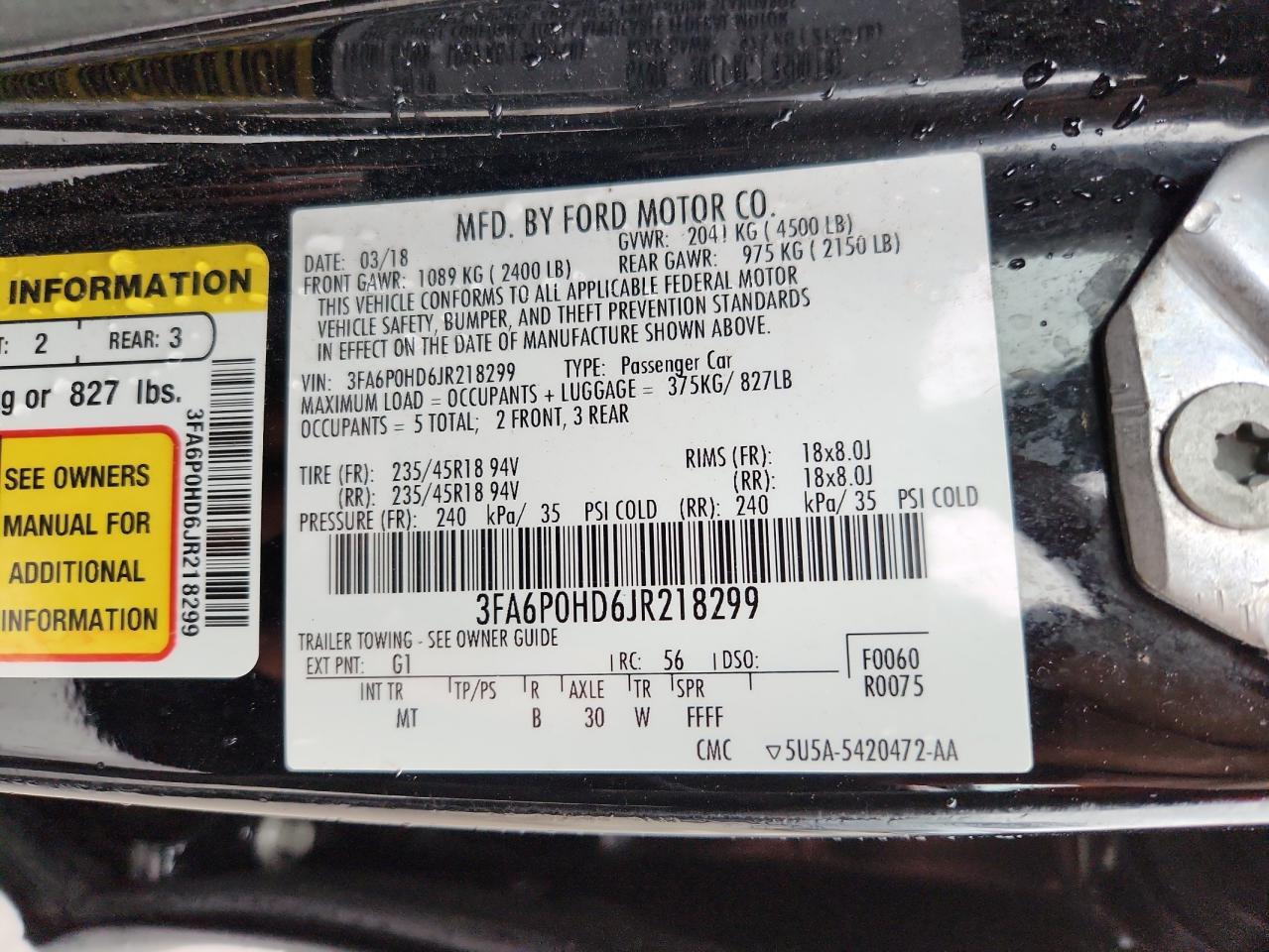 2018 Ford Fusion Se VIN: 3FA6P0HD6JR218299 Lot: 85338925