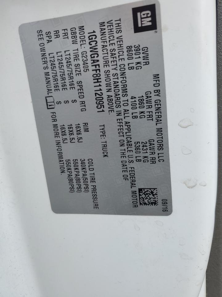 2017 Chevrolet Express G2500 VIN: 1GCWGAFF8H1120951 Lot: 82195555