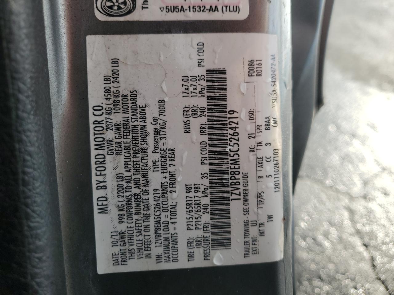 2012 Ford Mustang VIN: 1ZVBP8EM5C5264219 Lot: 85549305