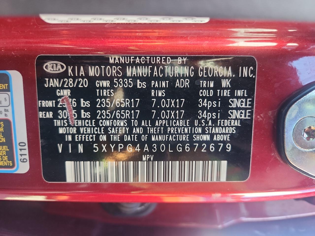 2020 Kia Sorento L VIN: 5XYPG4A30LG672679 Lot: 84982155