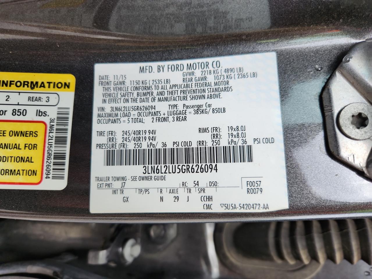 2016 Lincoln Mkz Hybrid VIN: 3LN6L2LU5GR626094 Lot: 86087605