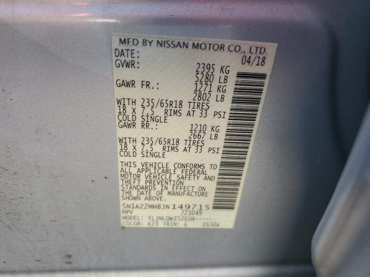 2018 Nissan Murano S VIN: 5N1AZ2MH8JN149715 Lot: 85261385