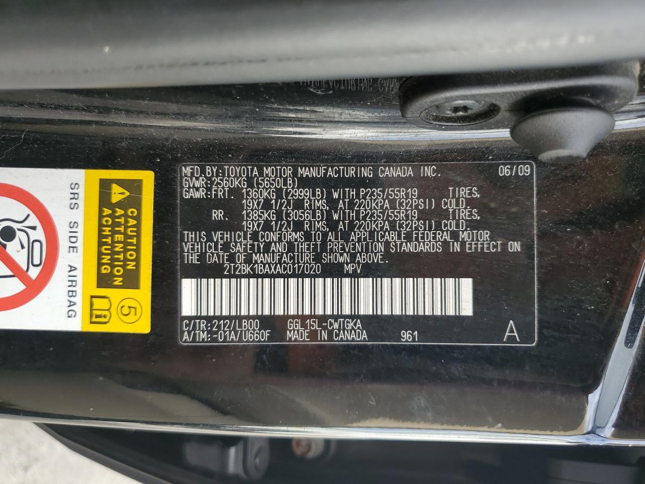 2010 Lexus Rx 350 VIN: 2T2BK1BAXAC017020 Lot: 82200175