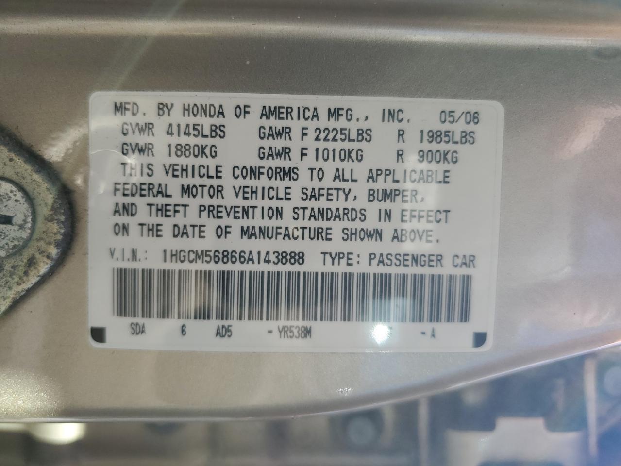 2006 Honda Accord Ex VIN: 1HGCM56866A143888 Lot: 85946245