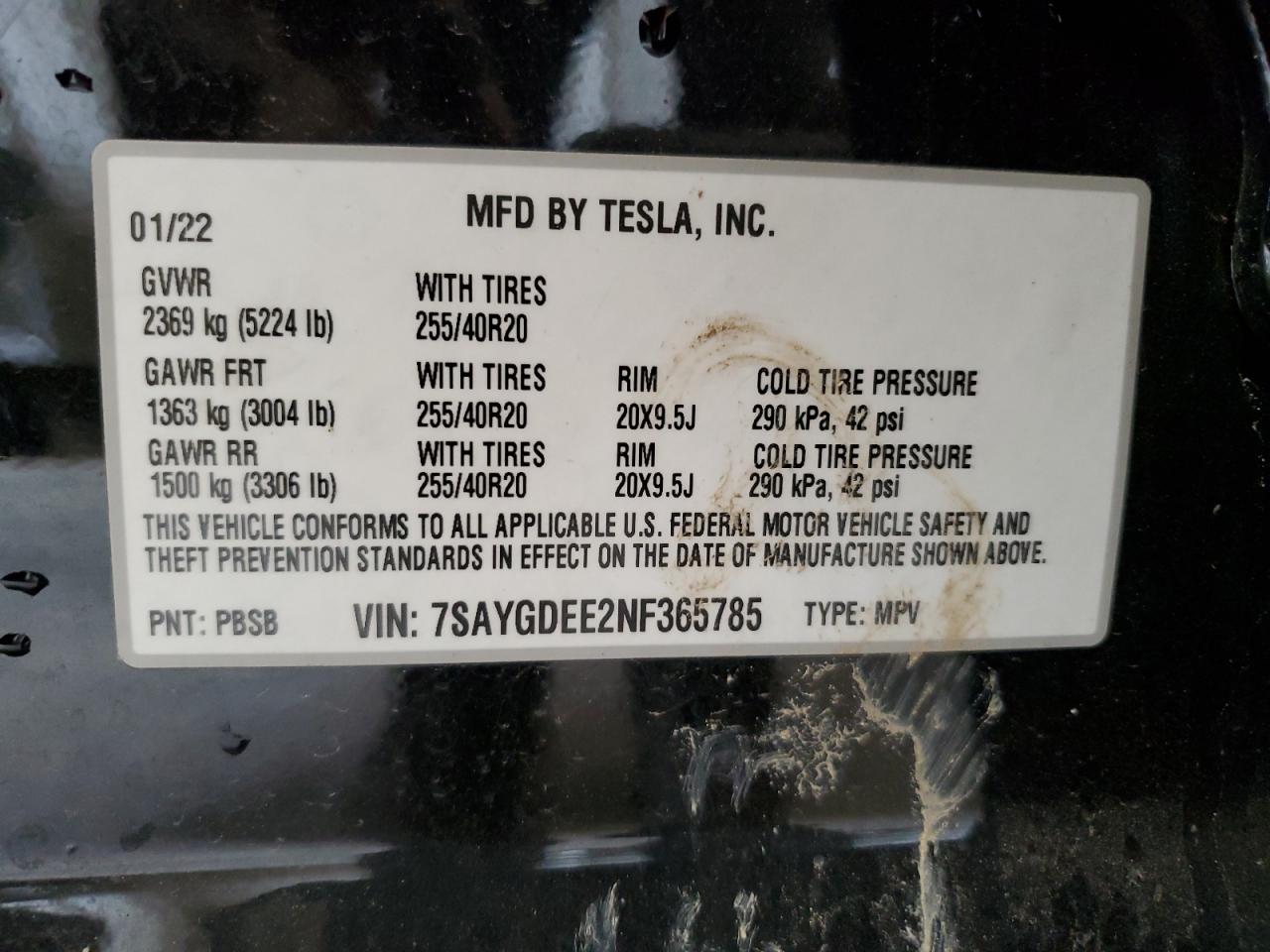 2022 Tesla Model Y VIN: 7SAYGDEE2NF365785 Lot: 82484985