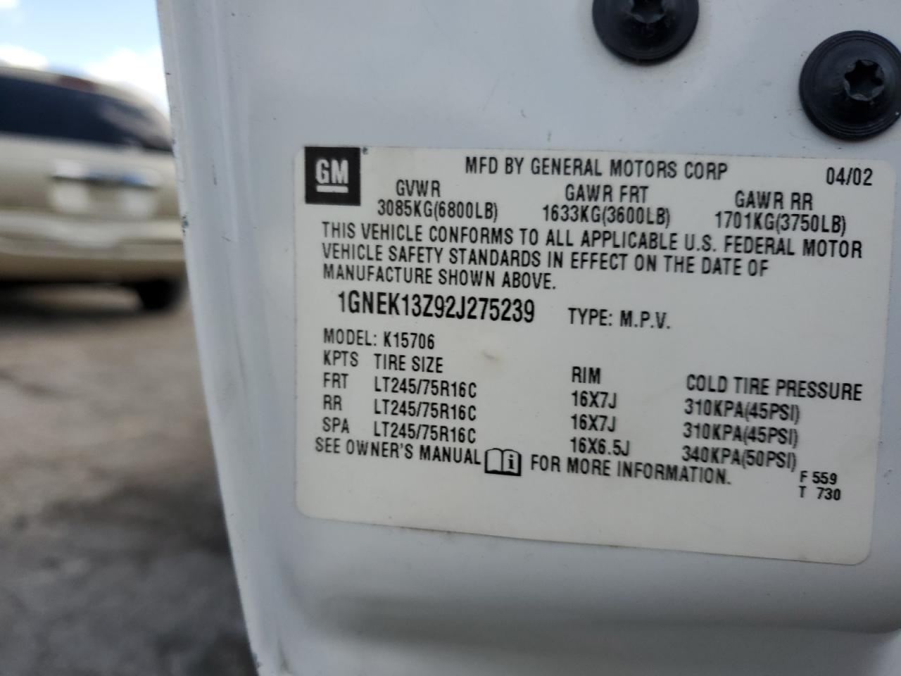 2002 Chevrolet Tahoe K1500 VIN: 1GNEK13Z92J275239 Lot: 87079525