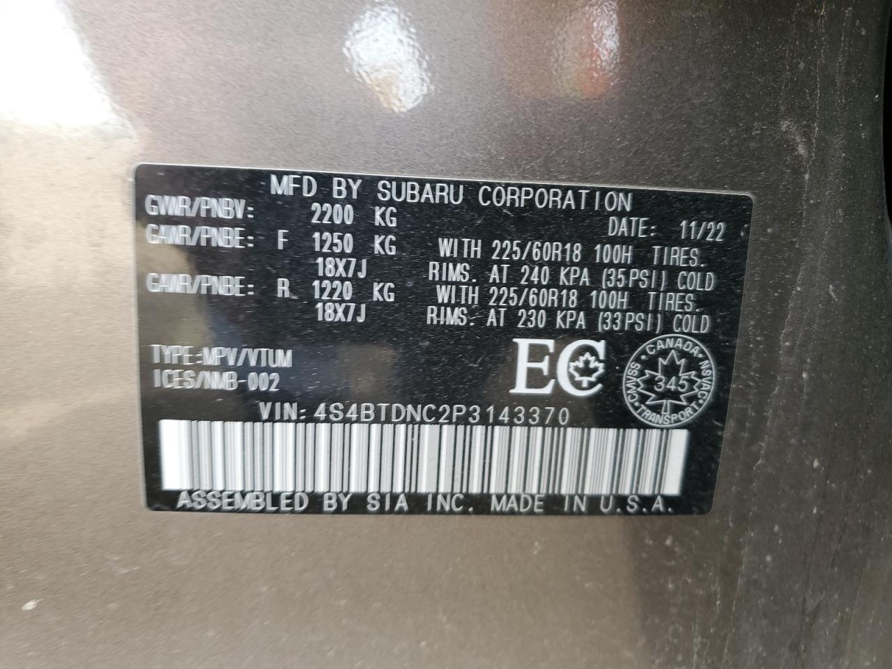 2023 Subaru Outback Limited VIN: 4S4BTDNC2P3143370 Lot: 84748715