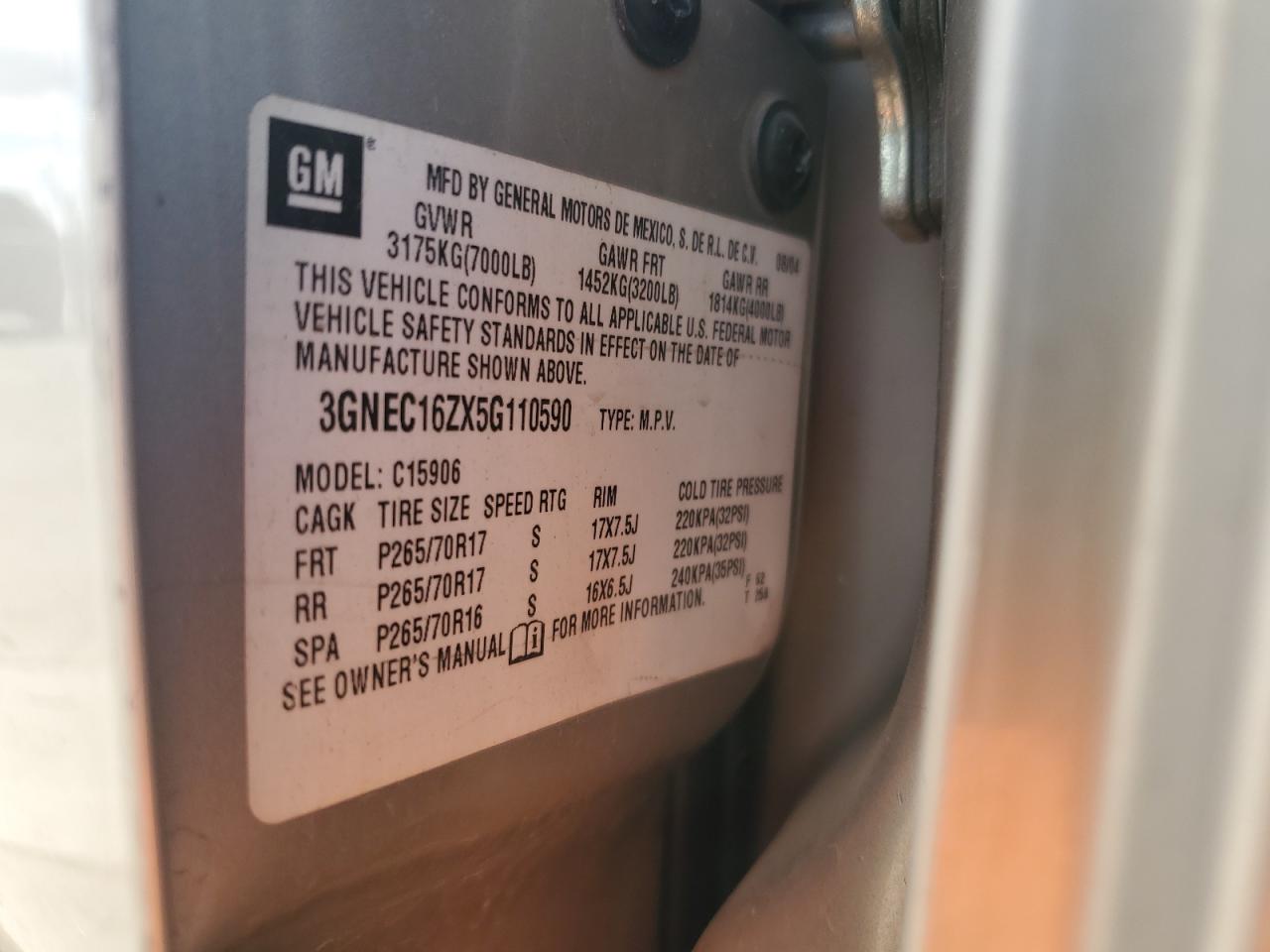 2005 Chevrolet Suburban C1500 VIN: 3GNEC16ZX5G110590 Lot: 85117775