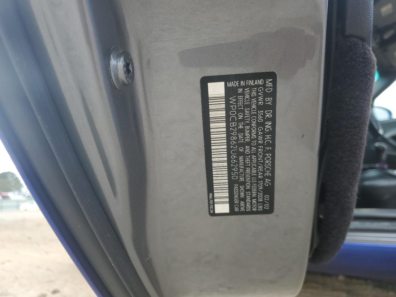 2002 Porsche Boxster S VIN: WP0CB29862U662950 Lot: 82341685