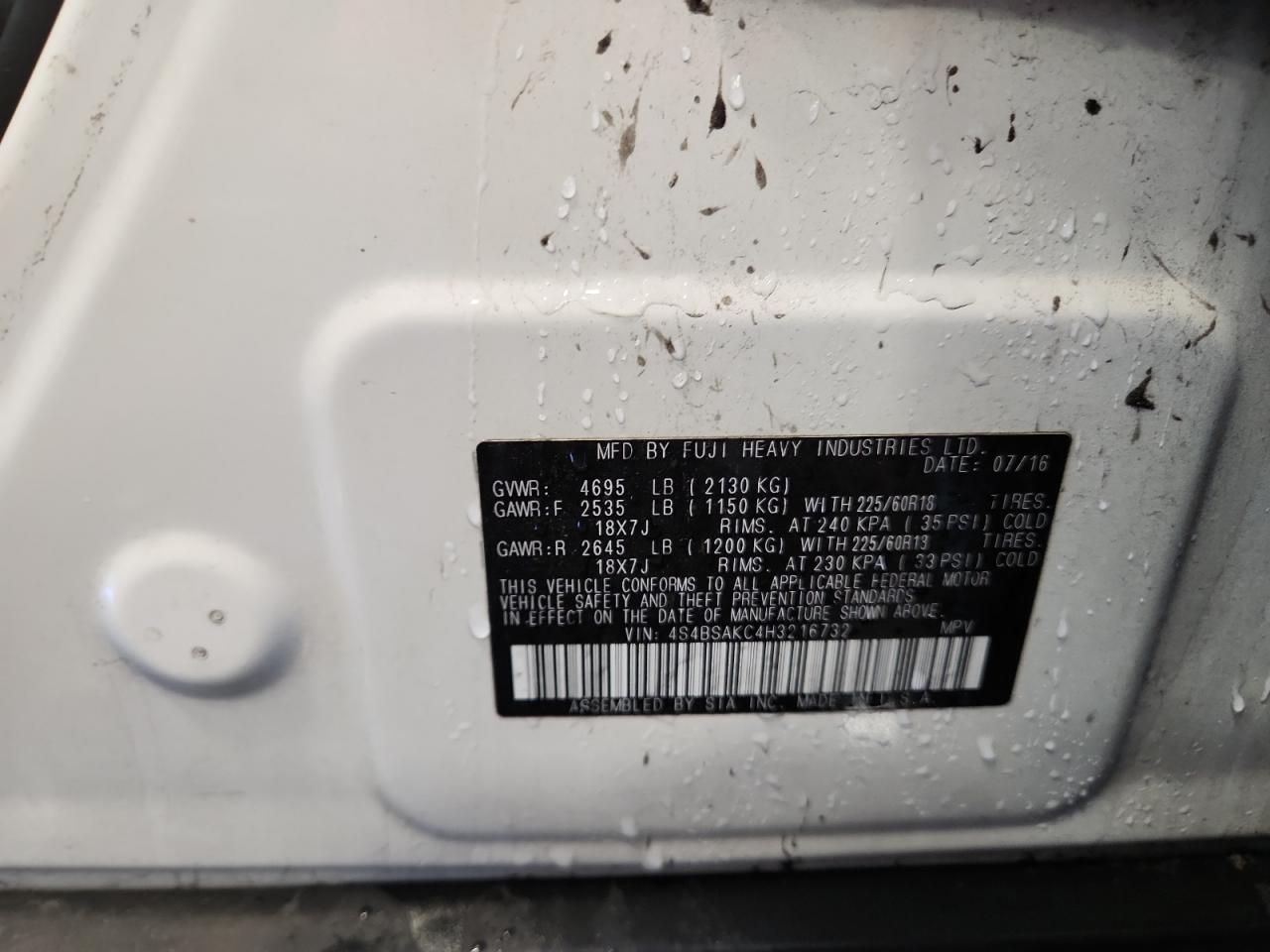 2017 Subaru Outback 2.5I Limited VIN: 4S4BSAKC4H3216732 Lot: 84894225