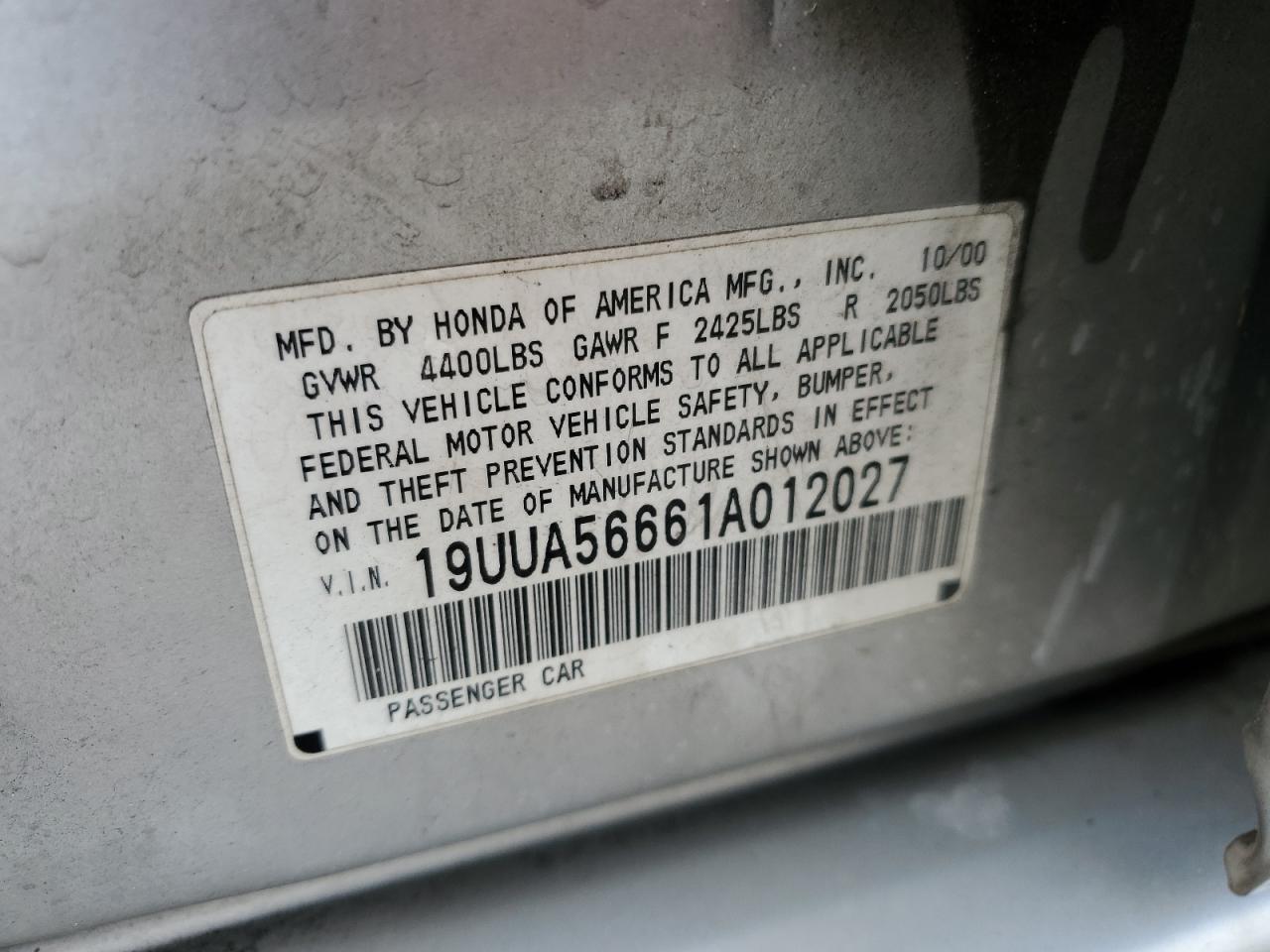 2001 Acura 3.2Tl VIN: 19UUA56661A012027 Lot: 85595495