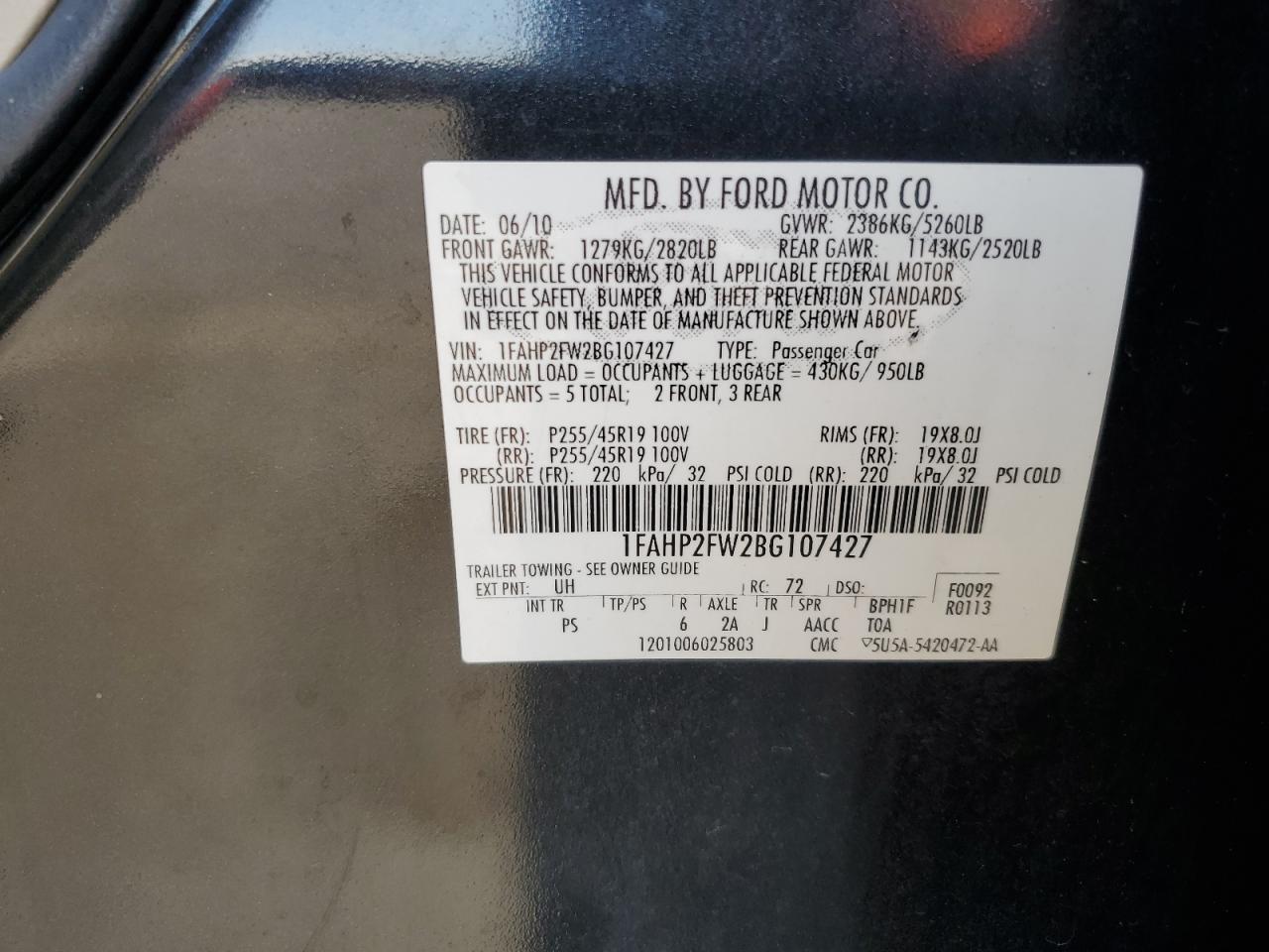 2011 Ford Taurus Limited VIN: 1FAHP2FW2BG107427 Lot: 86684275