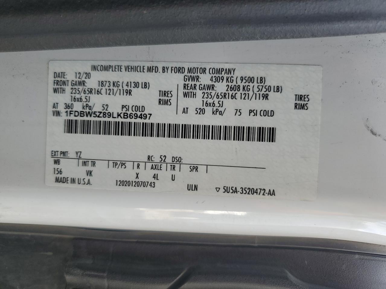 2020 Ford Transit T-350 VIN: 1FDBW5Z89LKB69497 Lot: 80739285