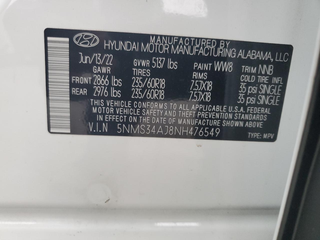 2022 Hyundai Santa Fe Sel VIN: 5NMS34AJ8NH476549 Lot: 82309895