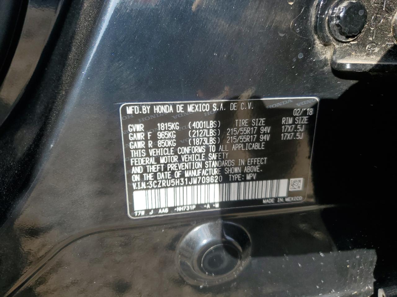 2018 Honda Hr-V Lx VIN: 3CZRU5H31JM709620 Lot: 85199035