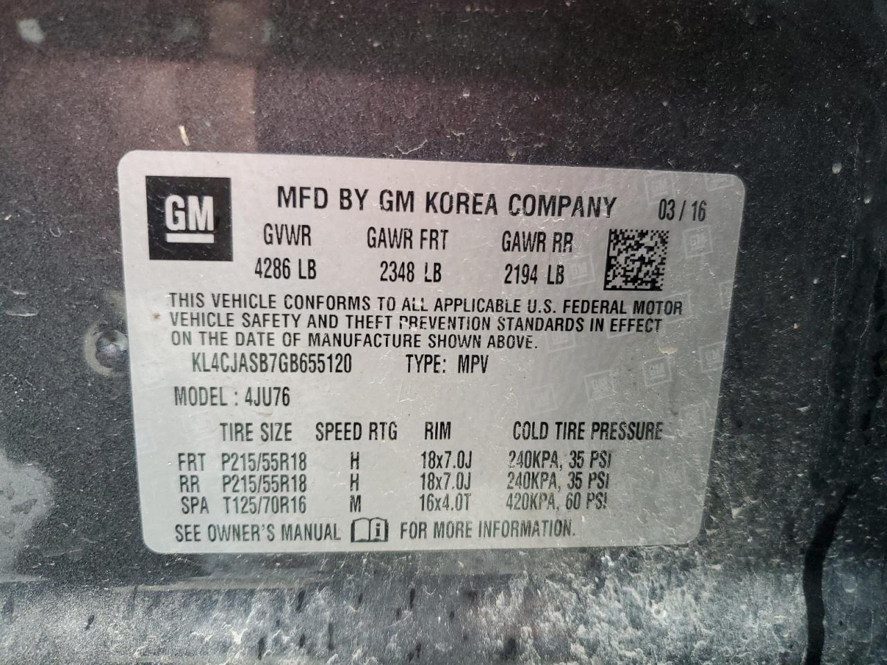 2016 Buick Encore VIN: KL4CJASB7GB655120 Lot: 87237675