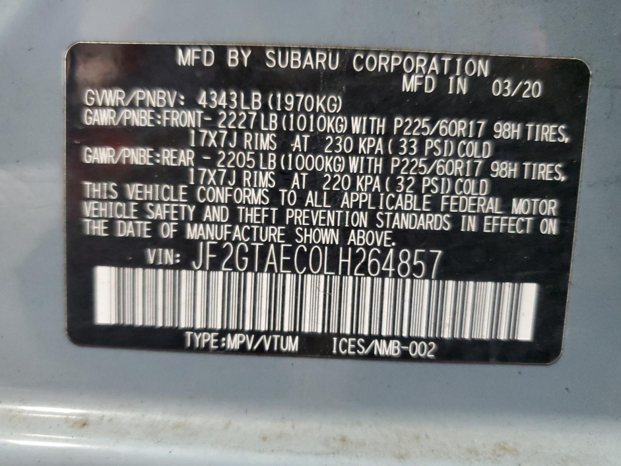 2020 Subaru Crosstrek Premium VIN: JF2GTAEC0LH264857 Lot: 85883735