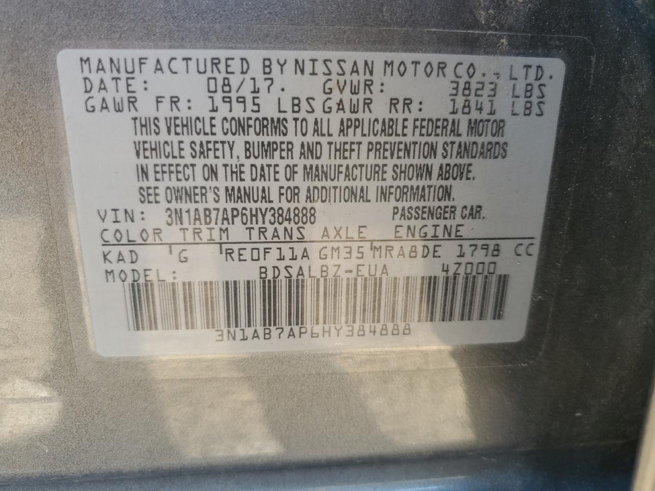 2017 Nissan Sentra S VIN: 3N1AB7AP6HY384888 Lot: 85881065