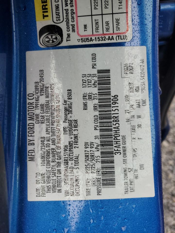 2011 Ford Fusion Se VIN: 3FAHP0HA5BR151906 Lot: 90261045