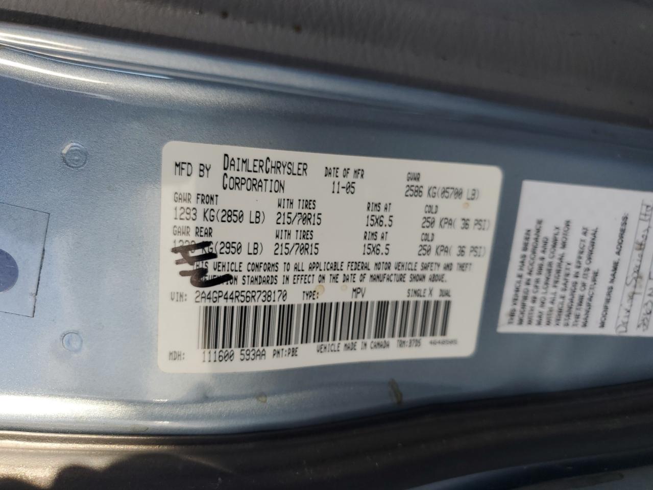 2006 Chrysler Town & Country Lx VIN: 2A4GP44R56R738170 Lot: 85723095