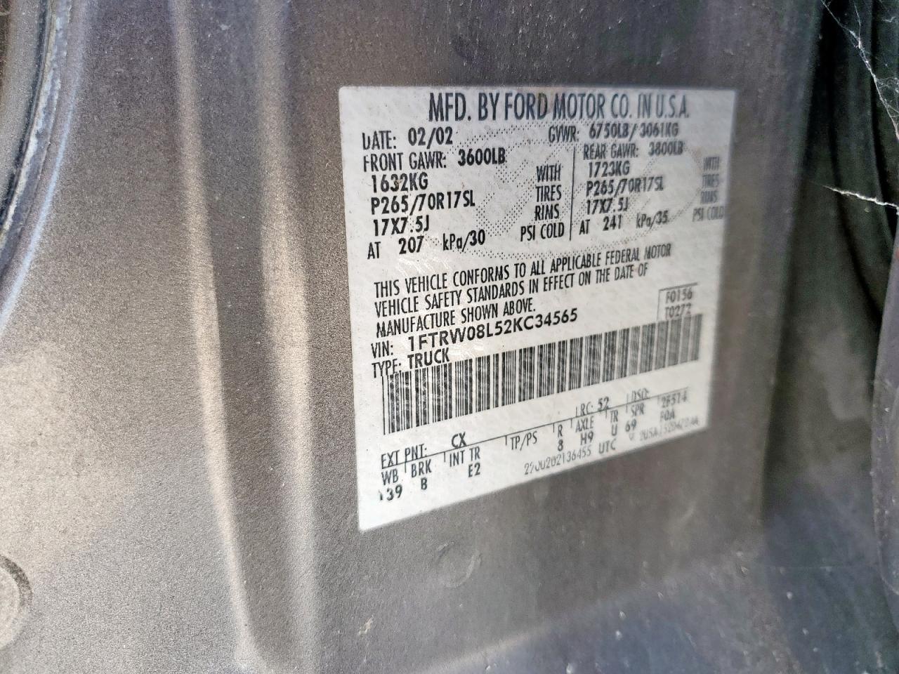 2002 Ford F150 Supercrew VIN: 1FTRW08L52KC34565 Lot: 85002445