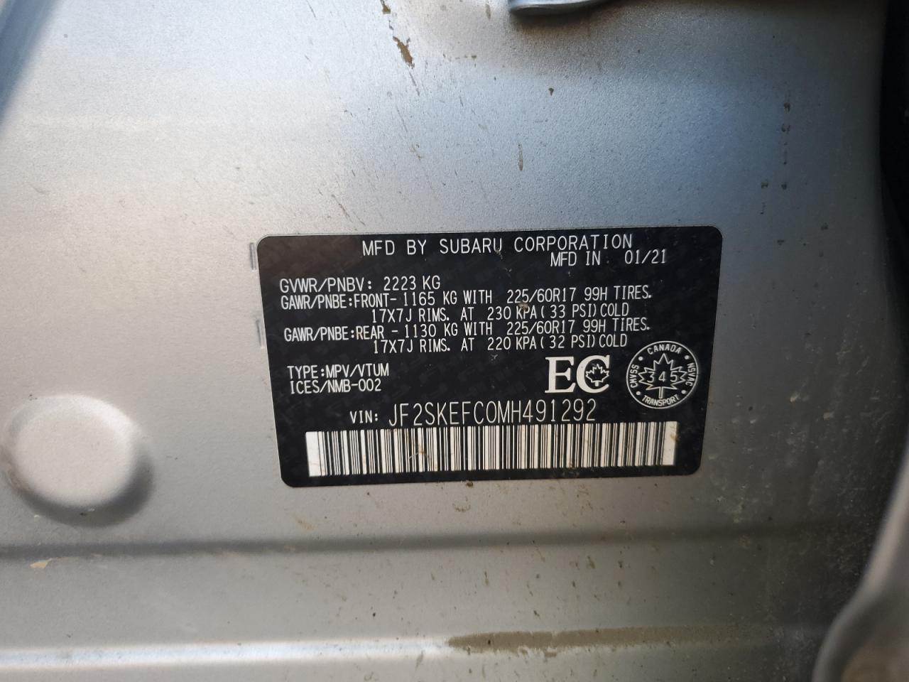 2021 Subaru Forester Convenience VIN: JF2SKEFC0MH491292 Lot: 87084675