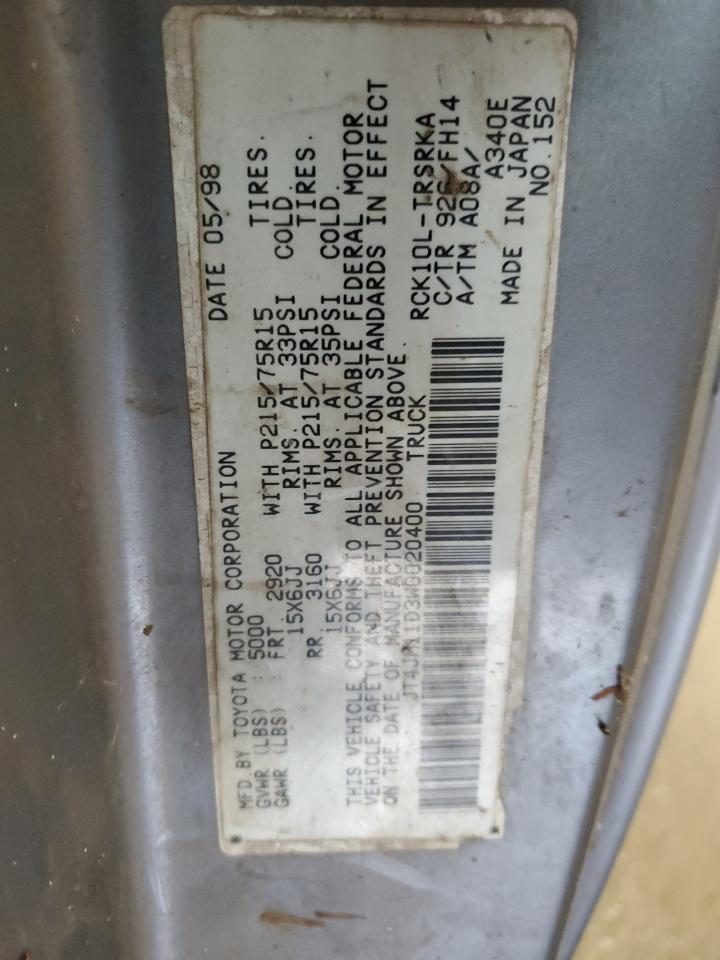 1998 Toyota T100 VIN: JT4JM11D3W0020400 Lot: 90405245